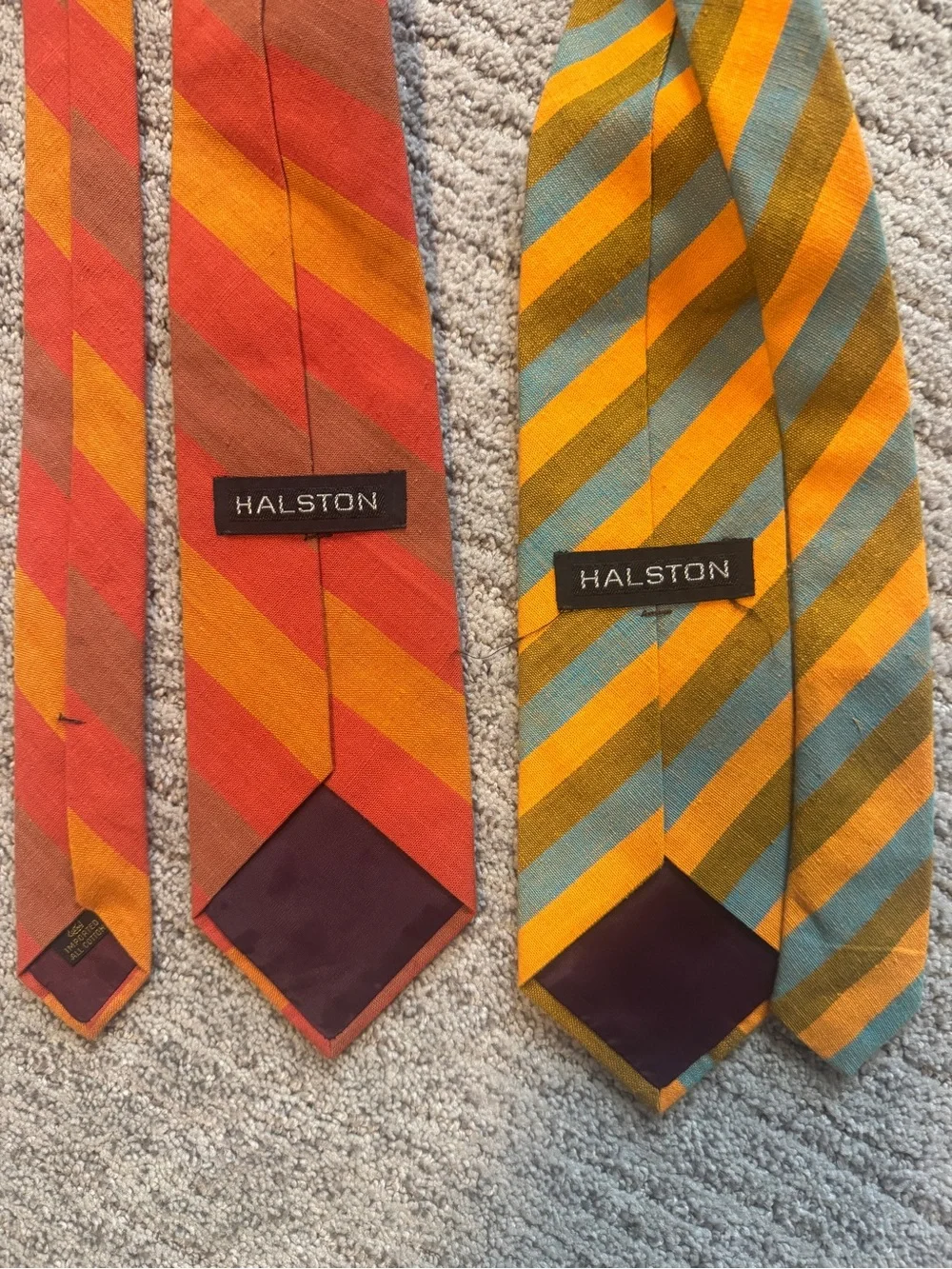 2 Halston Vintage 80s Striped Cotton Ties — Orange, Red, Yellow & Blue